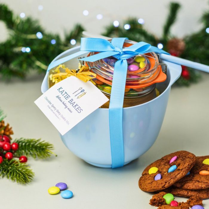 Blue Baking Mix Gift Set with Kilner Jar Baking Mix, Christmas decorating in the background and cookies in the foreground