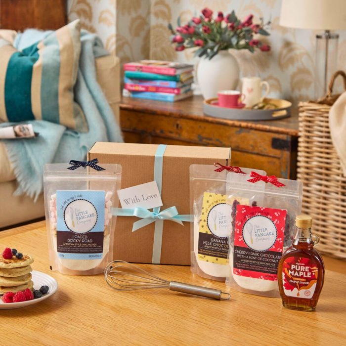 Luxury Pancake Lovers Gift Hamper – 3 Pancake Mixes, Whisk and Maple Syrup