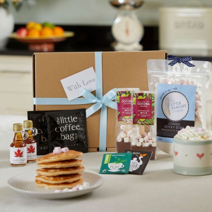 Ultimate Breakfast in Bed Pancake Gift Set with Pancake Mix, Coffee, Tea, Hot Chocolate Spoons and Maple Syrup