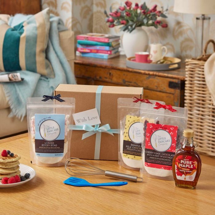 Ultimate Pancake Lovers Gift Hamper – 3 Pancake Mixes, Whisk, Silicone Pancake Turner and Maple Syrup