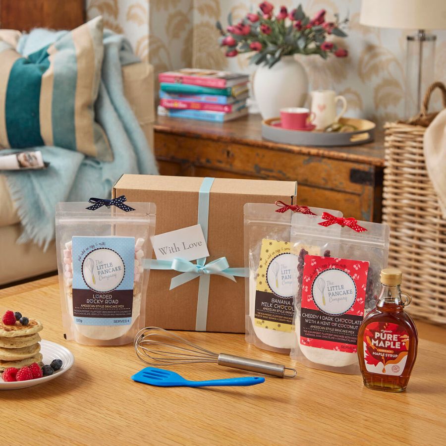 Ultimate Pancake Lovers Gift Hamper - 3 Pancake Mixes, Whisk, Silicone Pancake Turner and Maple Syrup