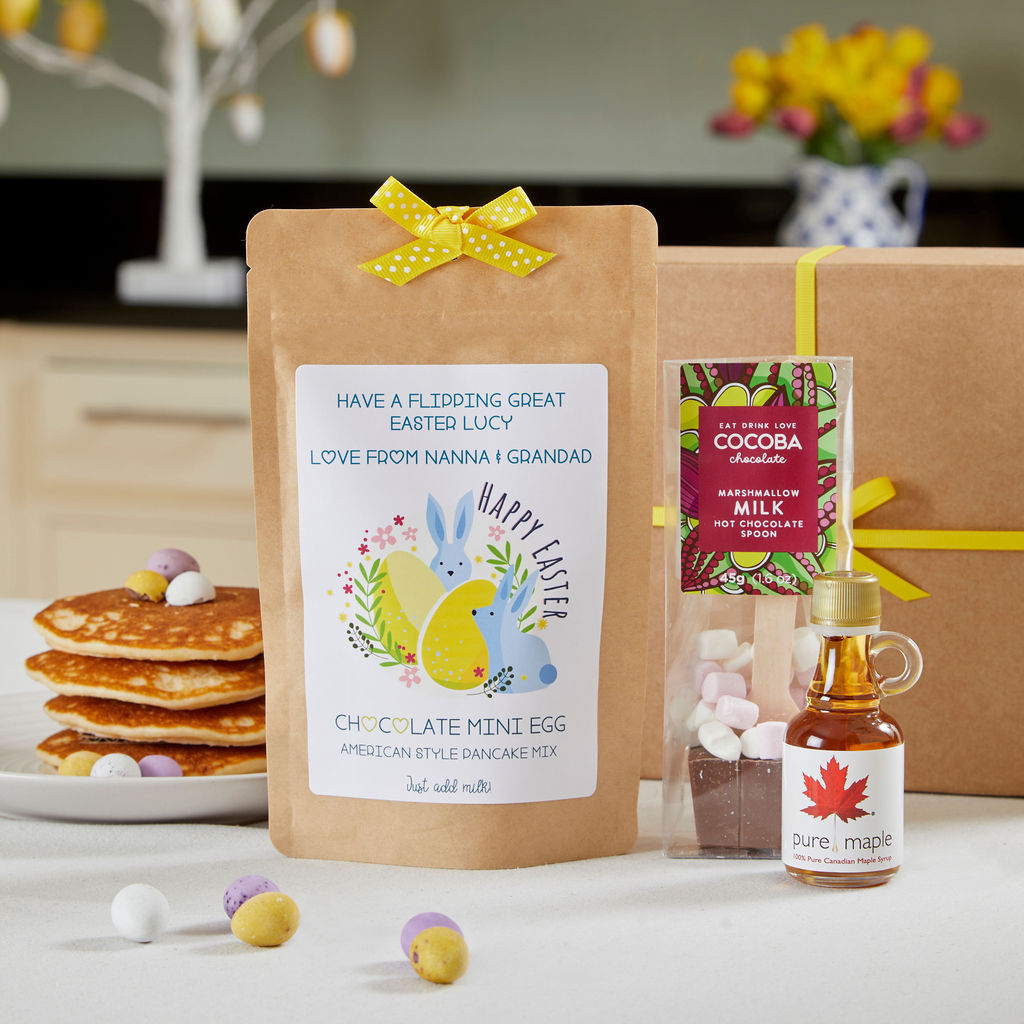 NEW - Personalised Easter Mini Egg Pancake Mix, Hot Chocolate Spoon and Maple Syrup Gift Set - Limited Edition