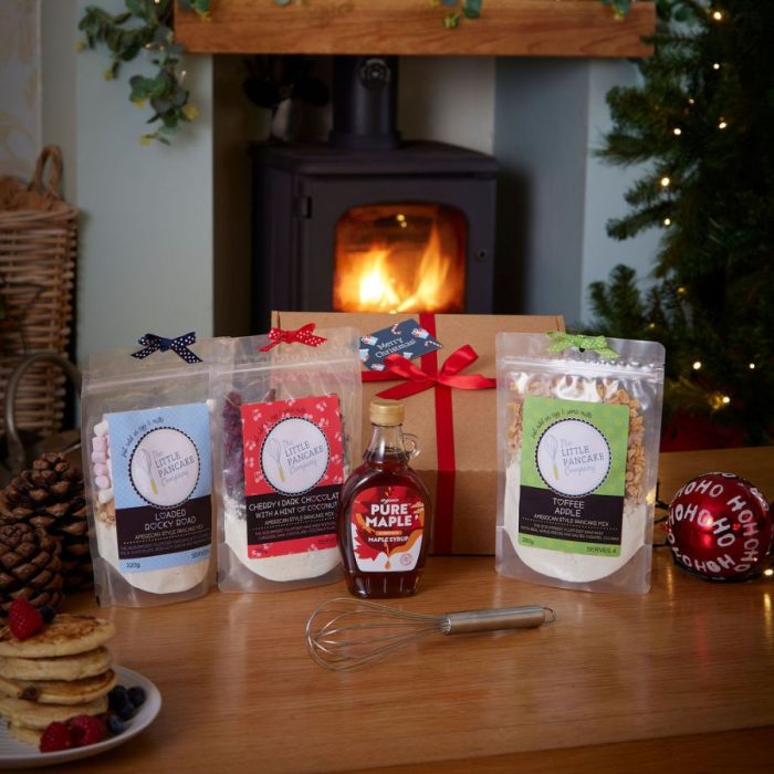 Luxury Christmas Pancake Lovers Gift Hamper – 3 Pancake Mixes, Whisk and Maple Syrup