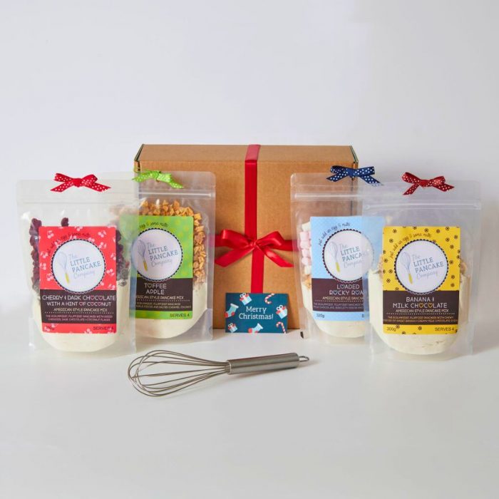 Christmas Pancake gift hamper with 4 pancake mixes, metal which and Merry Christmas Gift Tag