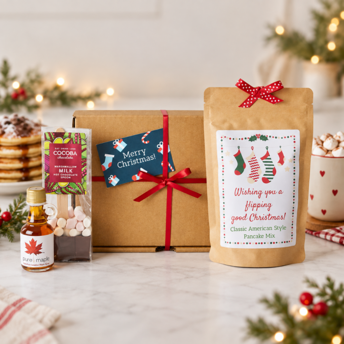 Personalised Christmas Pancake Gift Set with Personalised Pancake Mix, Hot Chocolate Spoon and Maple Syrup