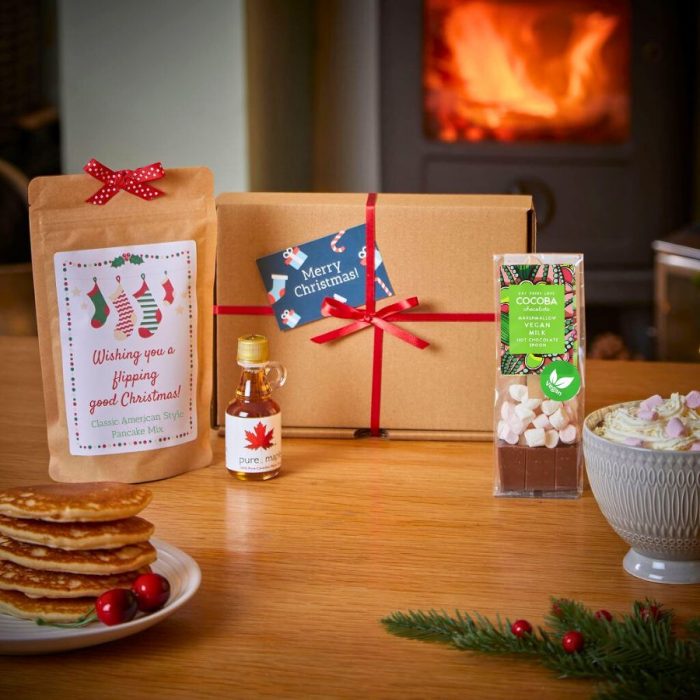 Vegan Christmas Mini Breakfast in Bed Gift Set with Personalised Pancake Mix, Vegan Hot Chocolate Spoon and Maple Syrup