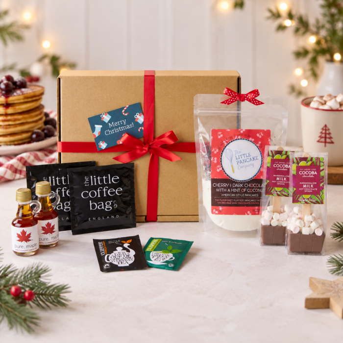 Ultimate Christmas Breakfast in Bed Pancake Gift Set with Pancake Mix, Coffee, Tea, Hot Chocolate Spoons and Maple Syrup