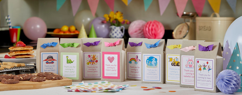 A group of party bags and party favours in a birthday party setting