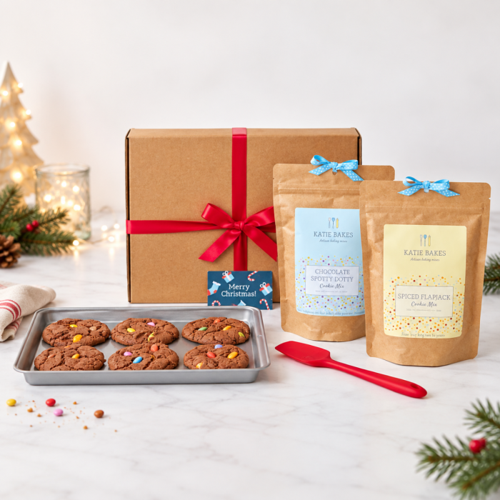 Christmas Cookie Baking Hamper Gift Box – 2 Artisan Cookie Mixes, Baking Tray and Silicone Spoon