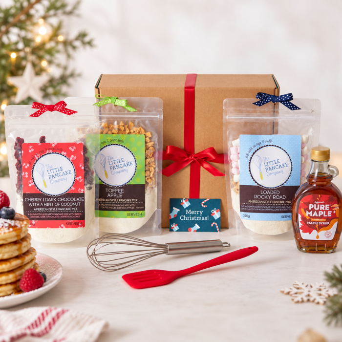 Ultimate Christmas Pancake Lovers Gift Hamper – 3 Pancake Mixes, Whisk, Silicone Pancake Turner and Maple Syrup