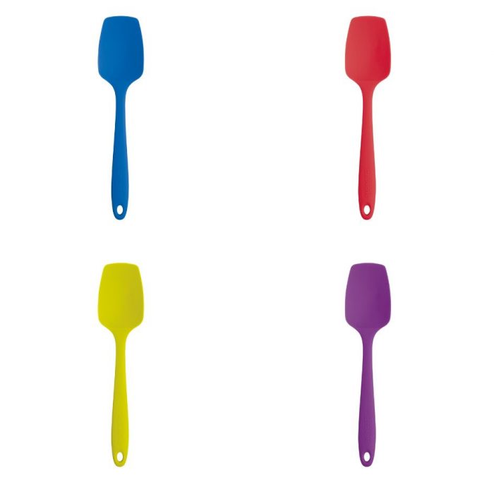 4 different brightly coloured silicone spatula spoons.